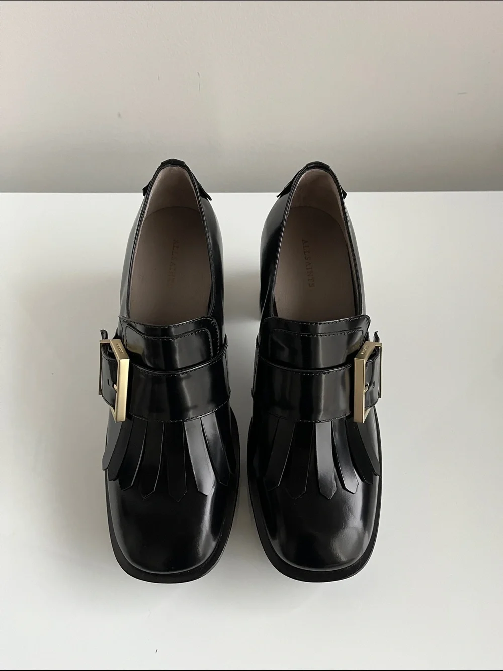 All Saints “ZIA” Black Leather Kiltie Loafers with Gold Buckle